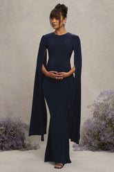Navy Maternity Maxi Dress With Cape Sleeves